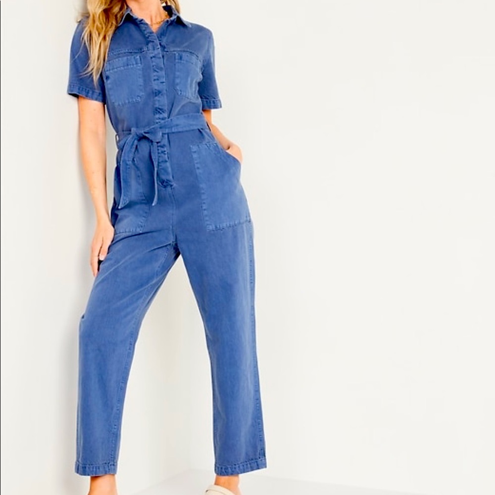 Short-Sleeve Cropped Tie-Belt Utility Non-Stretch Jean Jumpsuit for Women